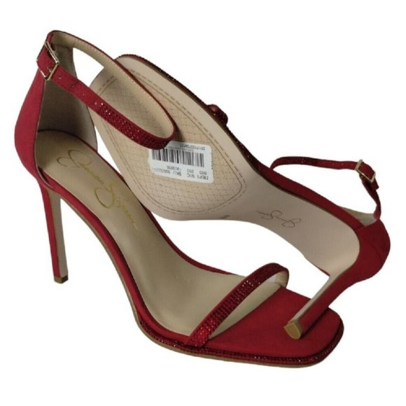 Jessica Simpson Womens 8.5 Ostey Red Rhinestones Ankle Strap 4 inch Heels New - Picture 3 of 16